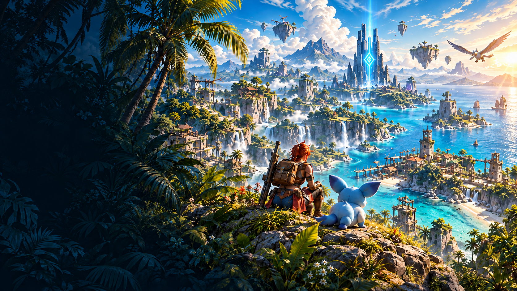 An explorer and a blue Pal looking across a mountainous valley towards a glowing tower